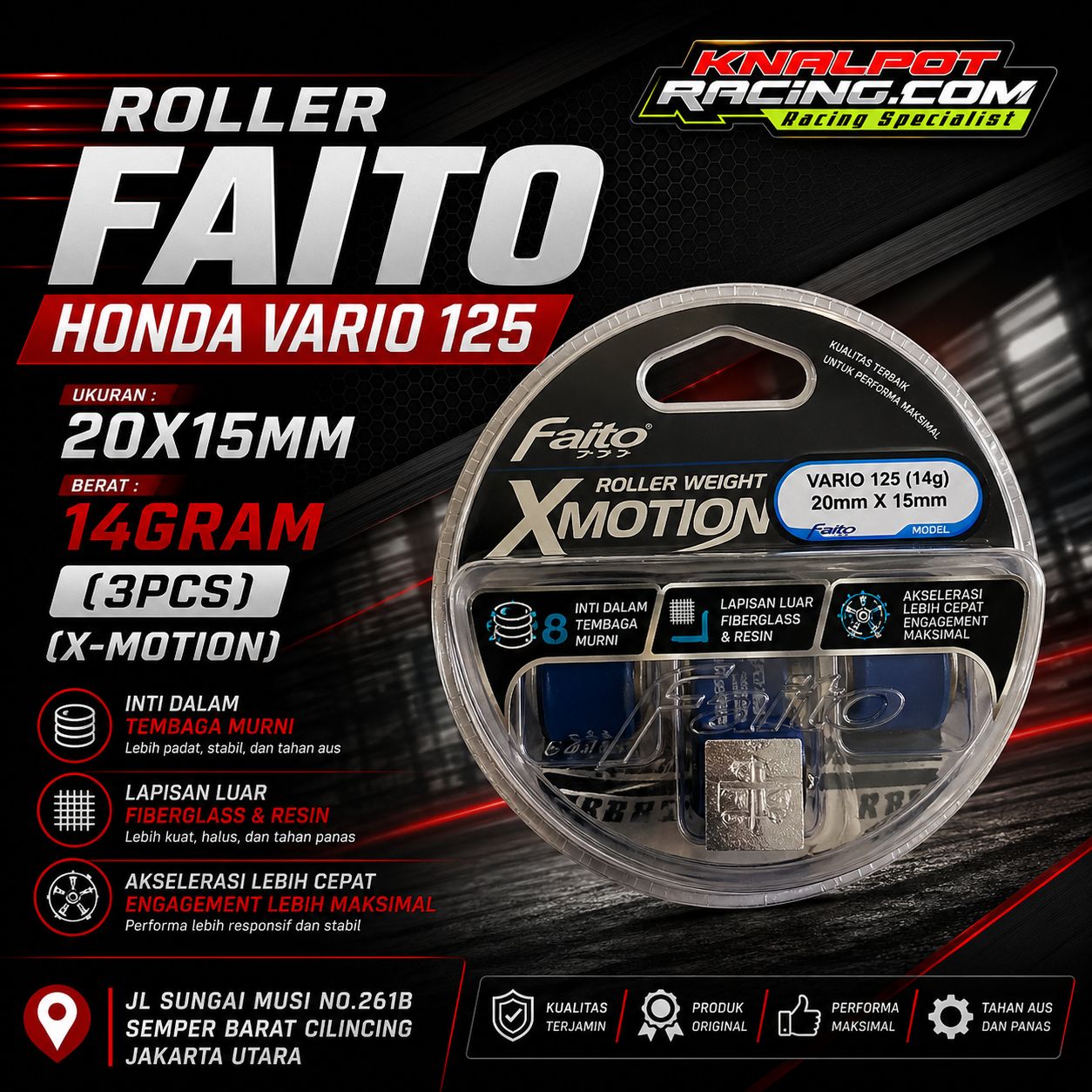 ROLLER FAITO HONDA VARIO 125 20X15MM 14GRAM (3PCS) (X-MOTION)